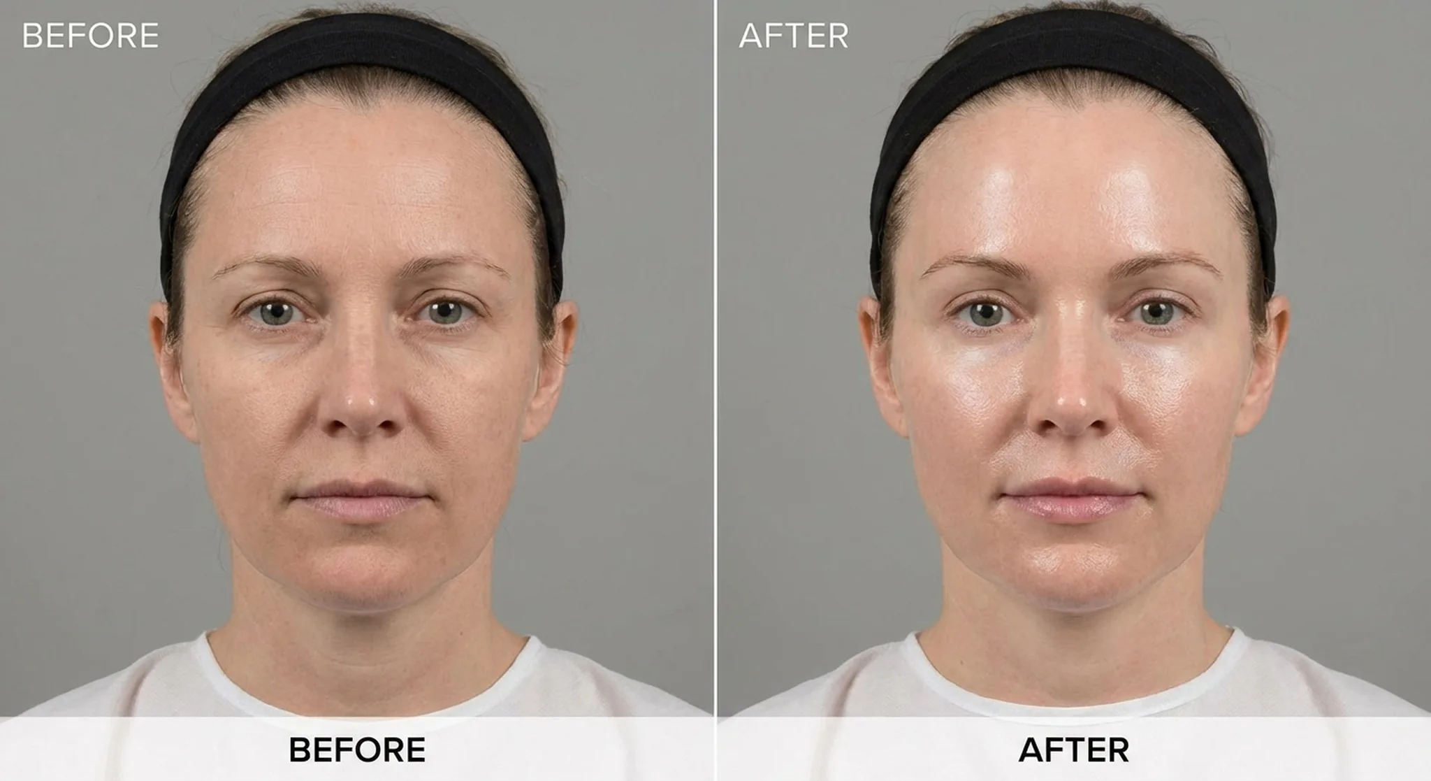 Sara before and after skin boosters and Anti Wrinkle frontal view at Alexis Aesthetics